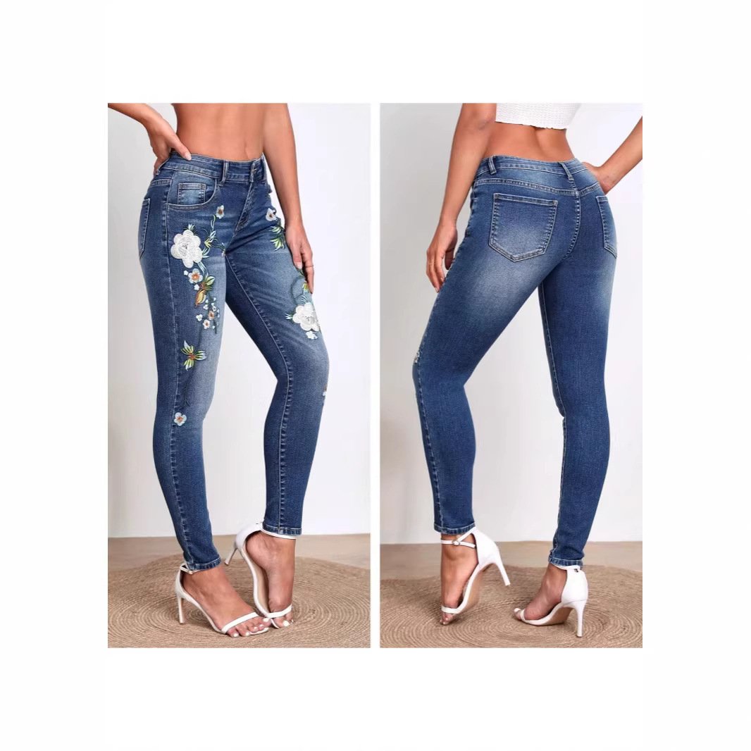 Womens Versatile Flower-Pattern Embroidered Skinny Jeans - Image 2