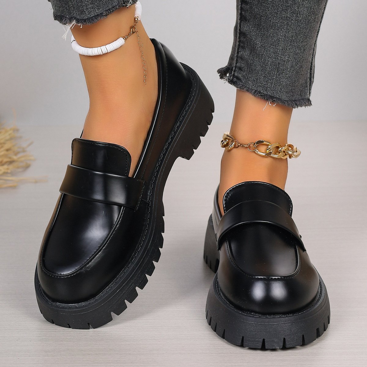 Black British Style Loafers Platform Shoes - Image 3