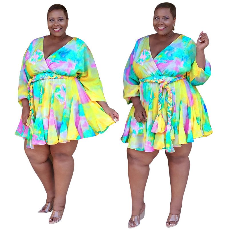 Women Long Sleeve Mini Bodycon Dress Print Pleated Sexy Club Party V-Neck Shases Plus Size S-5XL Dress - Image 4