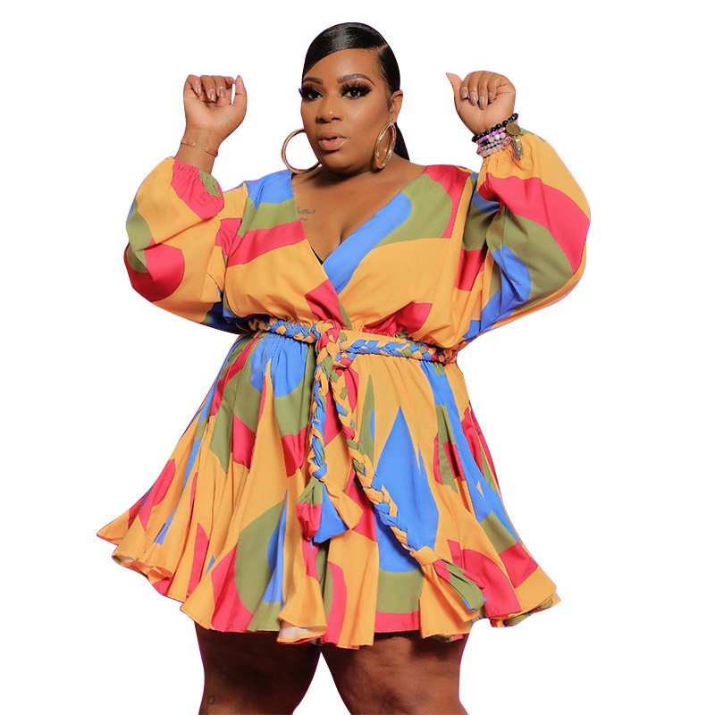 Women Long Sleeve Mini Bodycon Dress Print Pleated Sexy Club Party V-Neck Shases Plus Size S-5XL Dress - Image 5