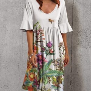 Half Sleeve Elegant Dress Printed Loose Midi Dress