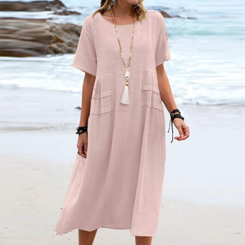 Women's Summer Loose Casual Midi Dress Breathable Cotton Linen Short-sleeve Mid-length Dresses Women Simple Beach Dress - Image 6