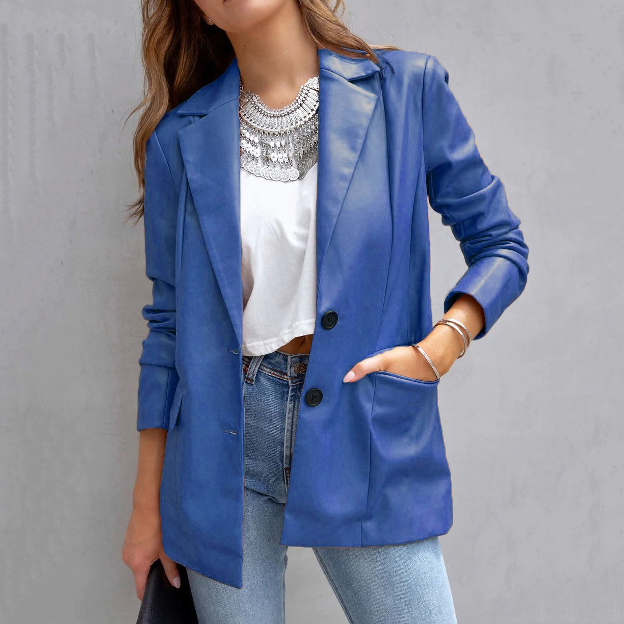 Long Sleeve Button Pu Cardigan Coat For Women - Image 7
