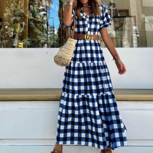 Fashion Stand Collar Short Sleeve Midi Dress