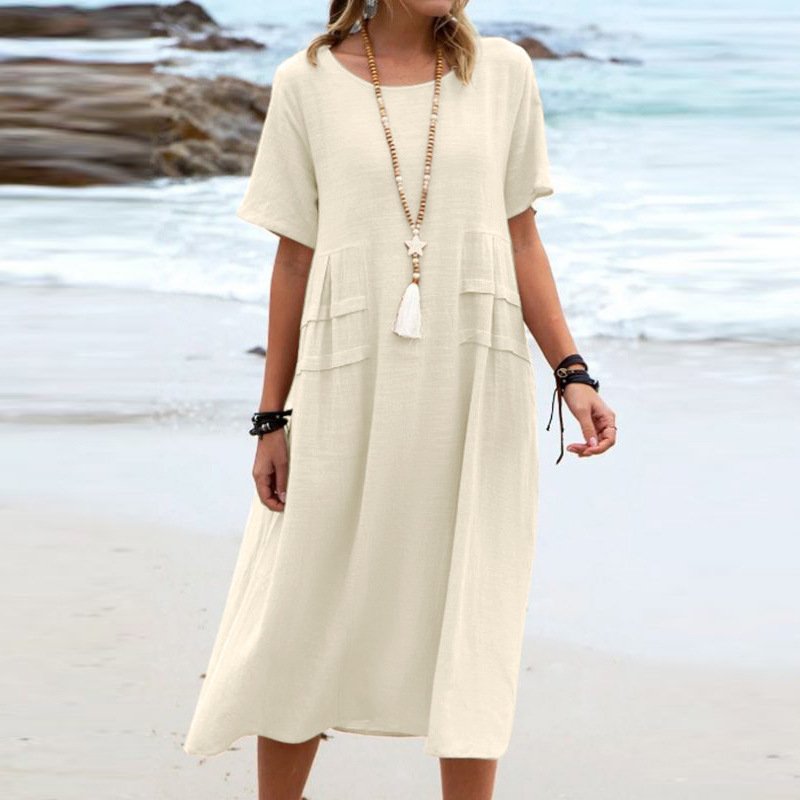 Women's Summer Loose Casual Midi Dress Breathable Cotton Linen Short-sleeve Mid-length Dresses Women Simple Beach Dress - Image 4