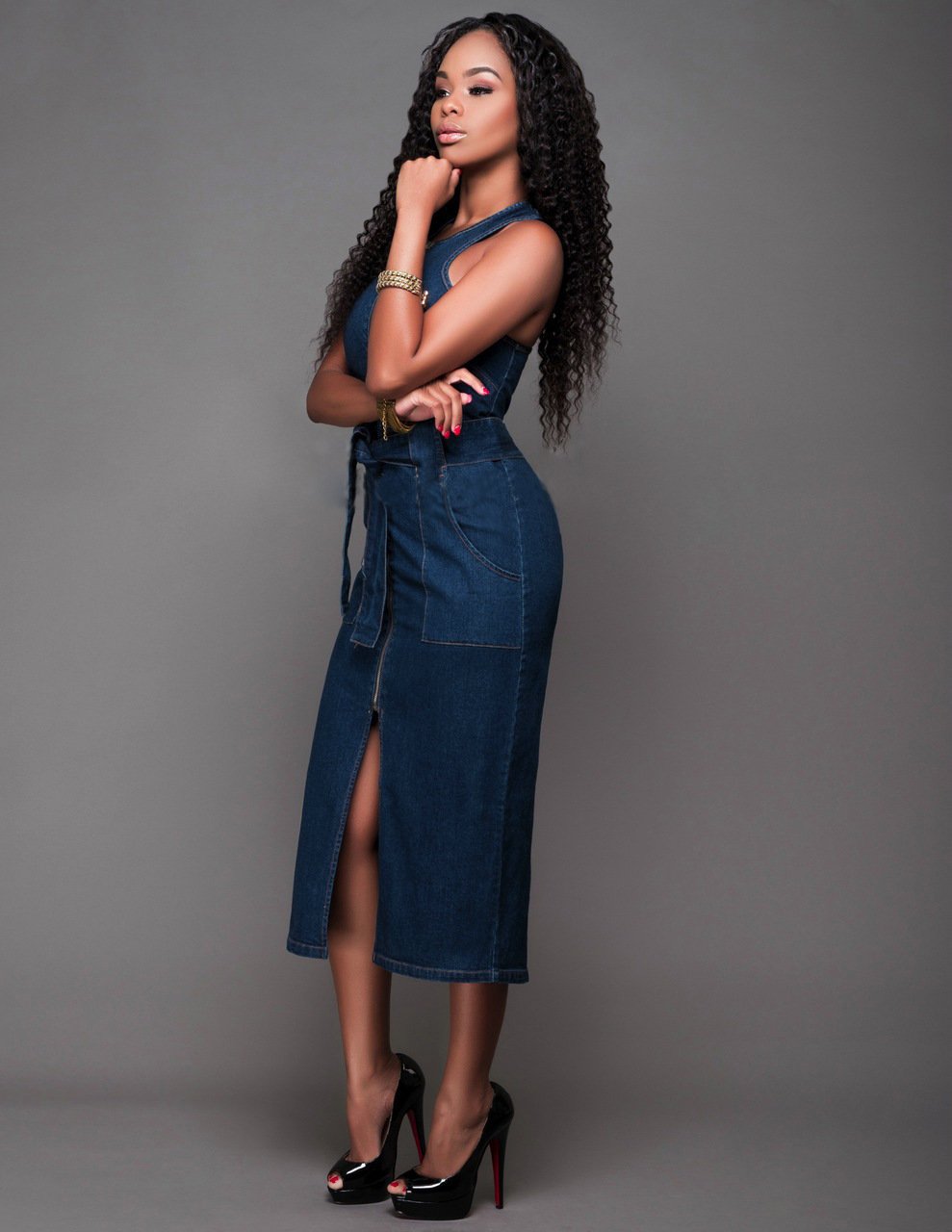 Fashion Sleeveless Denim Slim Dress Midi Skirt - Image 4