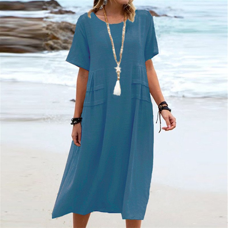 Women's Summer Loose Casual Midi Dress Breathable Cotton Linen Short-sleeve Mid-length Dresses Women Simple Beach Dress - Image 7