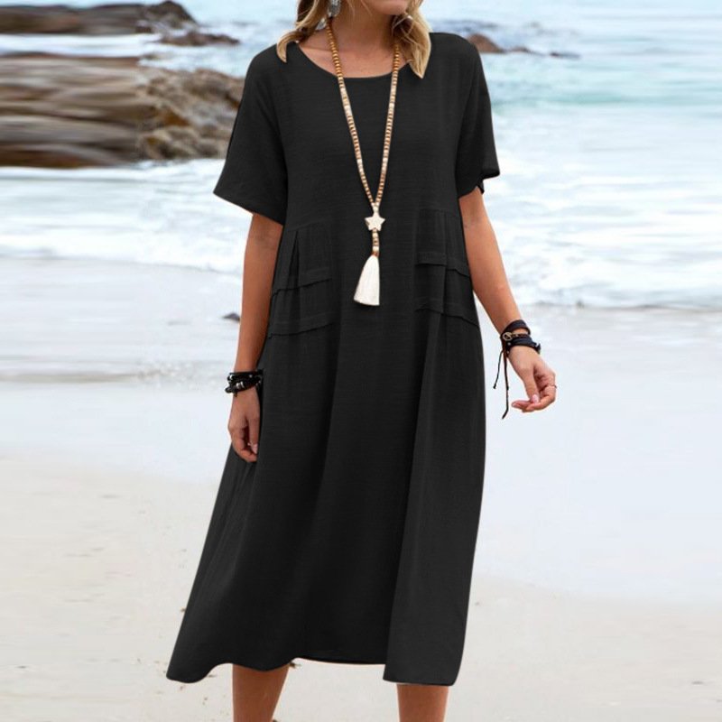 Women's Summer Loose Casual Midi Dress Breathable Cotton Linen Short-sleeve Mid-length Dresses Women Simple Beach Dress - Image 5
