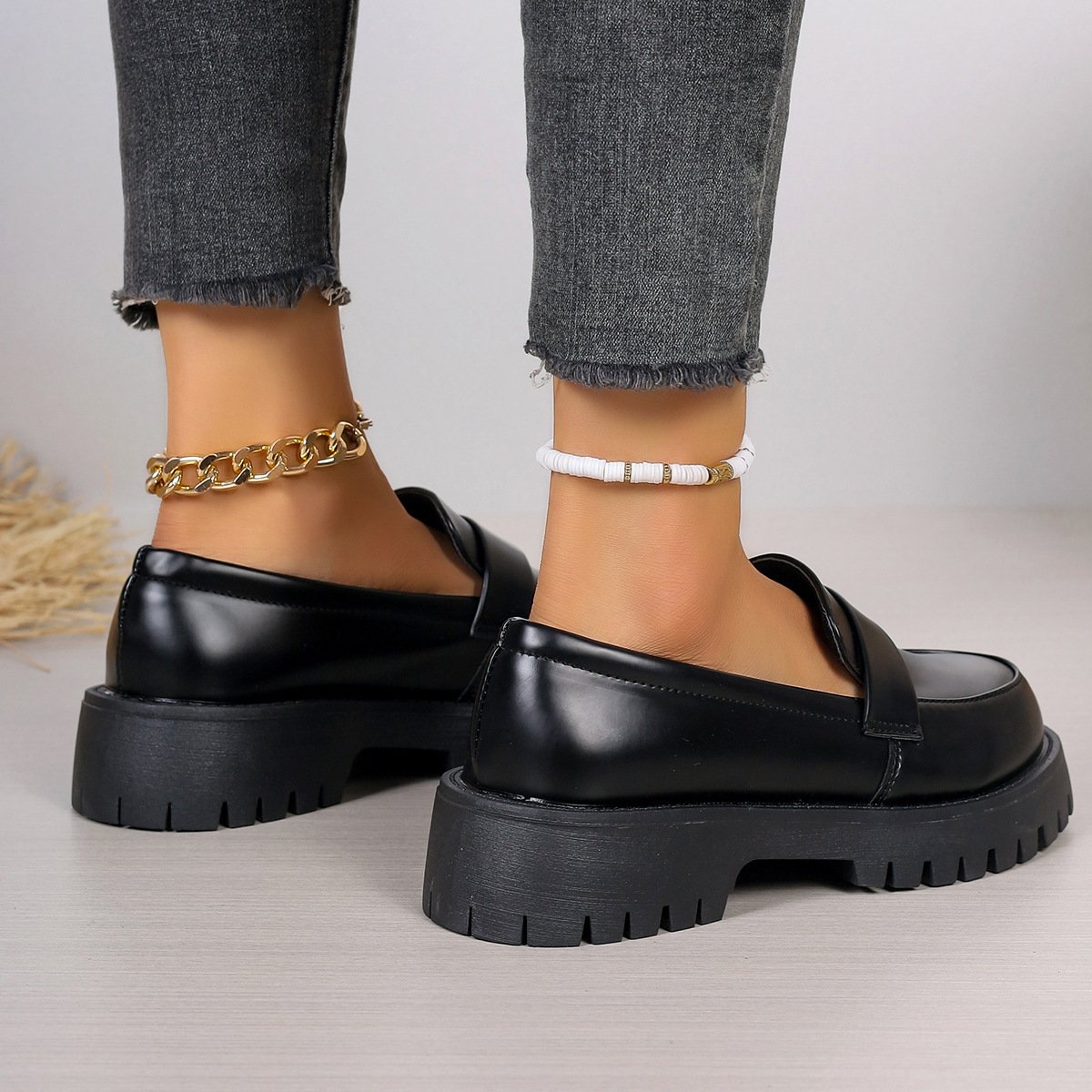 Black British Style Loafers Platform Shoes - Image 4