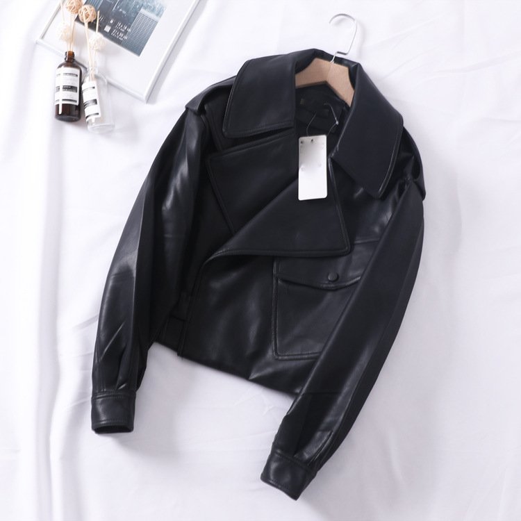 Loose cropped leather jacket motorcycle jacket - Image 4