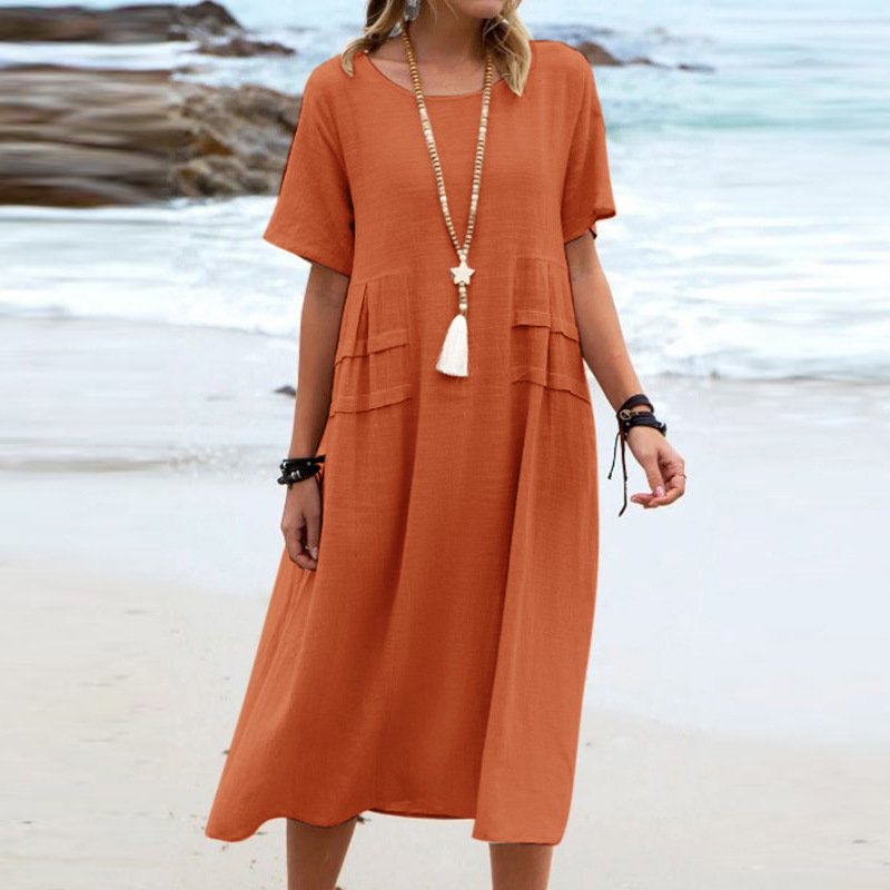 Women's Summer Loose Casual Midi Dress Breathable Cotton Linen Short-sleeve Mid-length Dresses Women Simple Beach Dress - Image 2