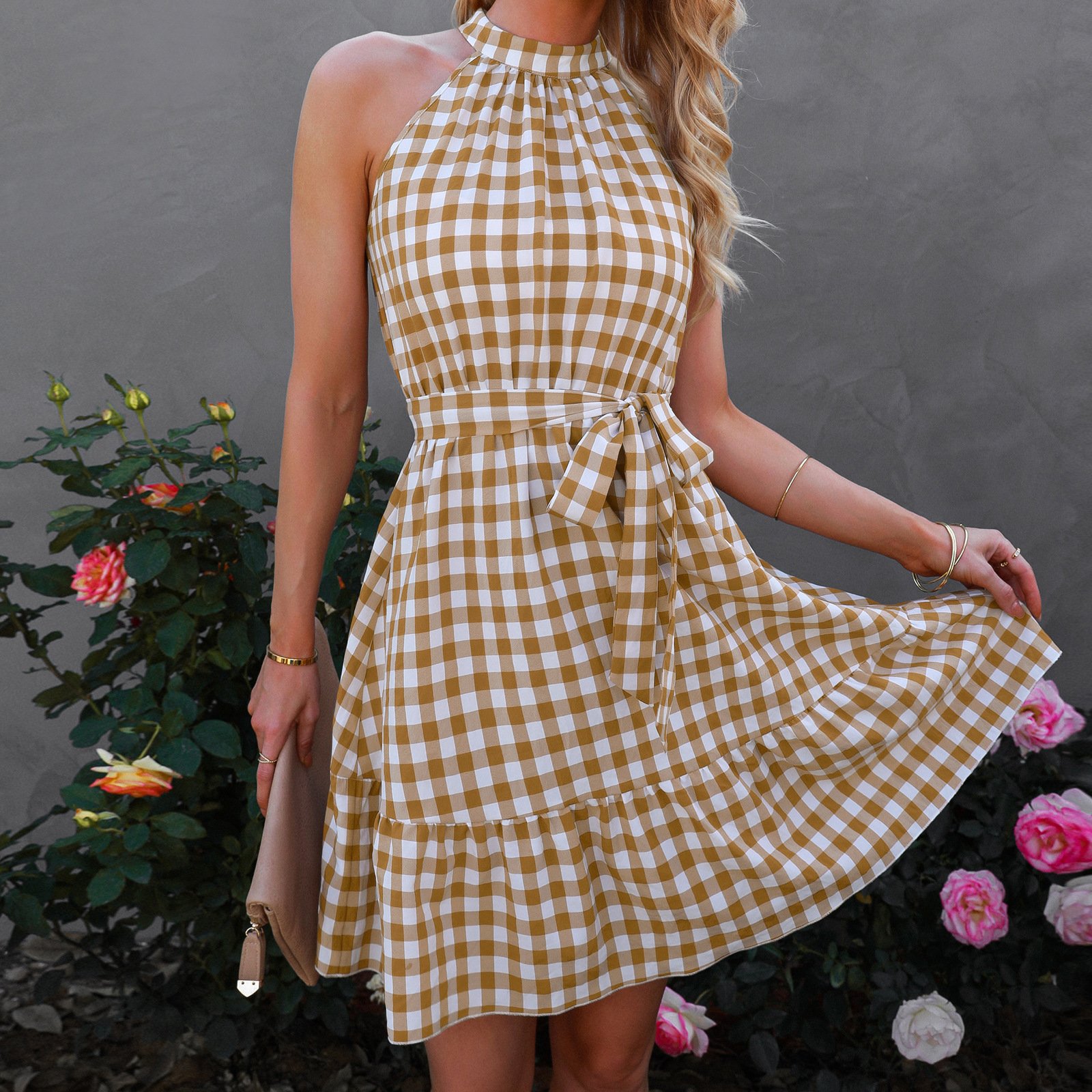 Wrap Bust Sleeveless Ruffled Plaid Midi Dress - Image 5