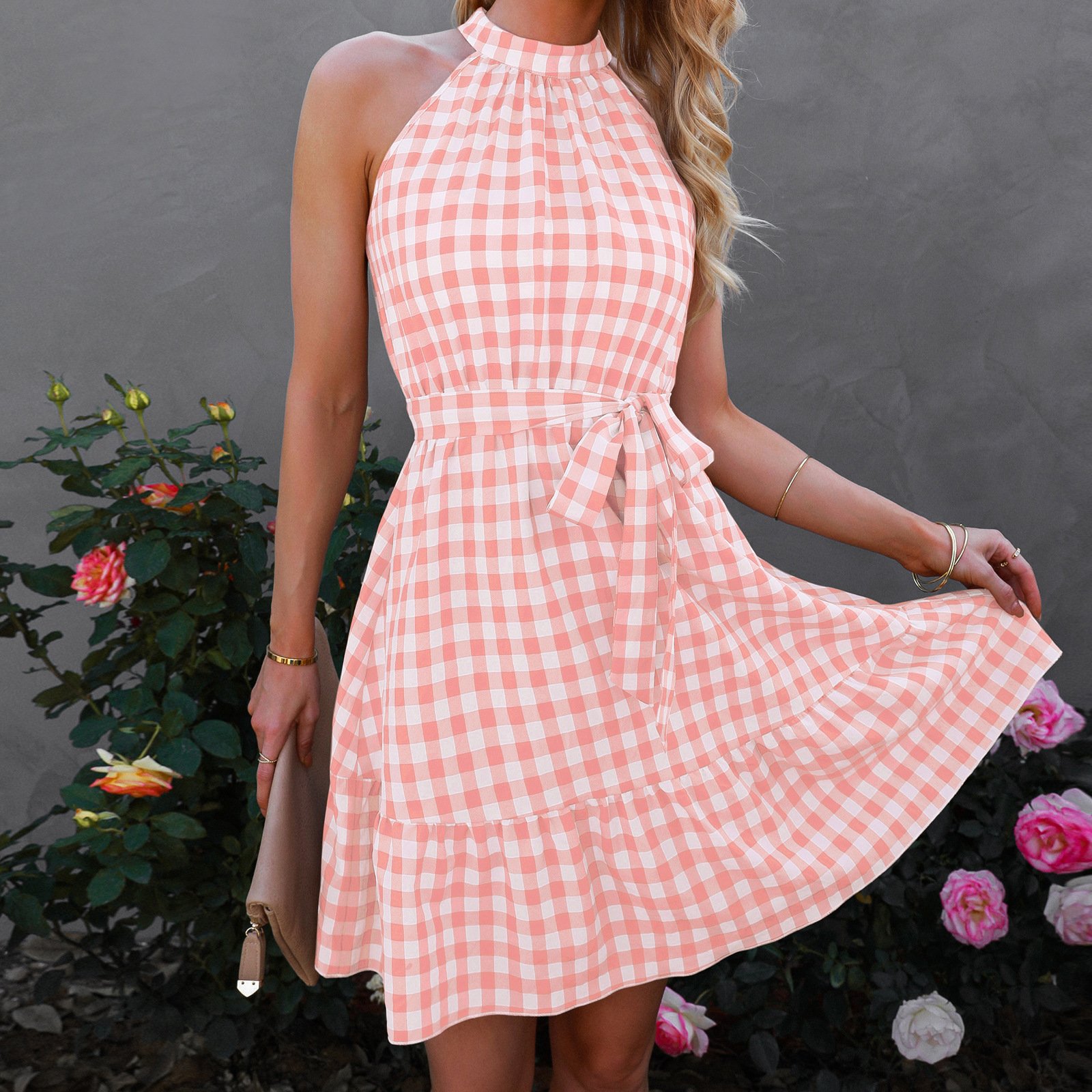 Wrap Bust Sleeveless Ruffled Plaid Midi Dress - Image 3