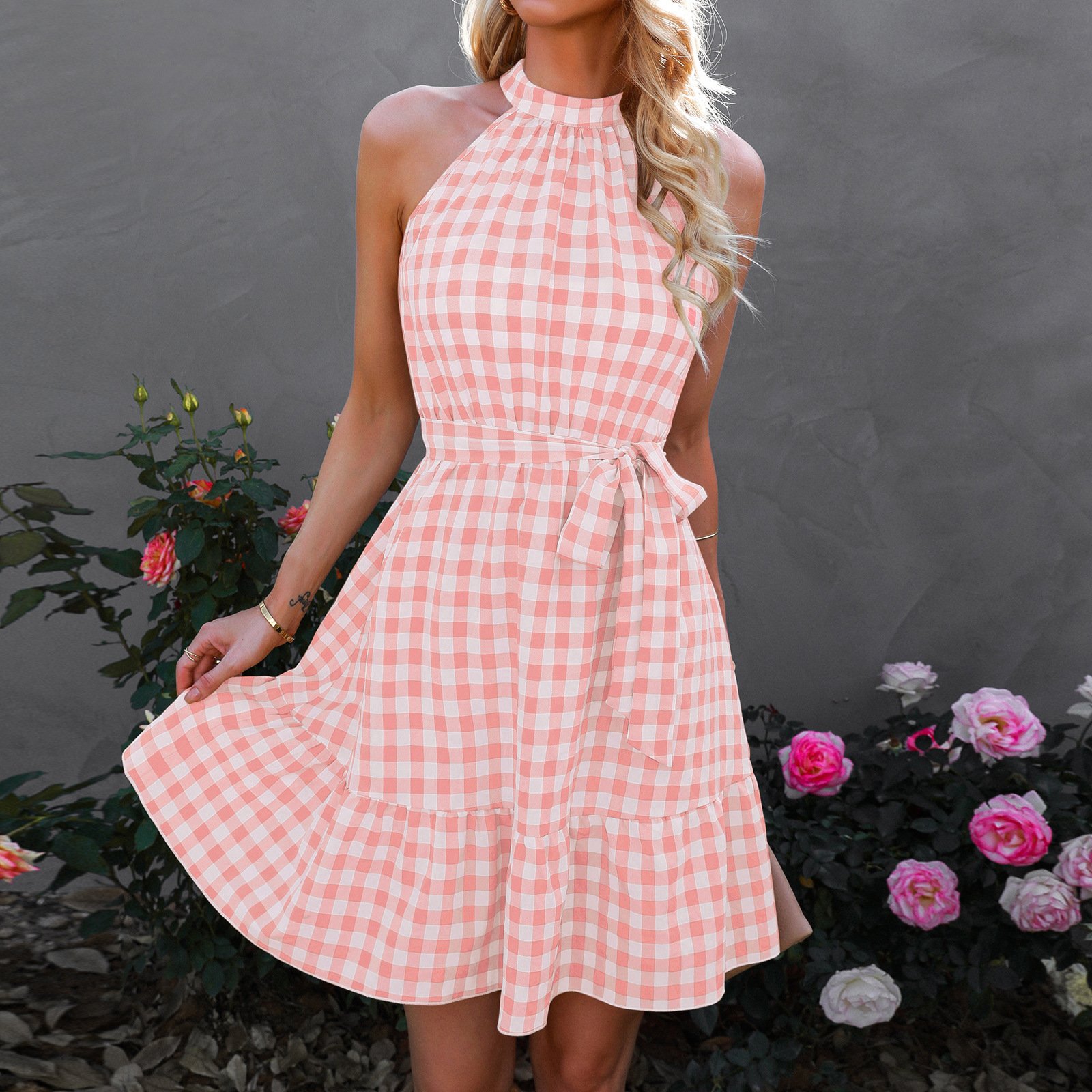 Wrap Bust Sleeveless Ruffled Plaid Midi Dress - Image 4