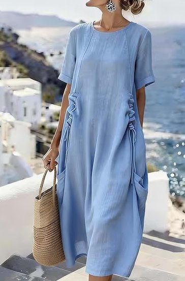 Women's Summer Loose Casual Midi Dress Breathable Cotton Linen Short-sleeve Mid-length Dresses Women Simple Beach Dress - Image 9