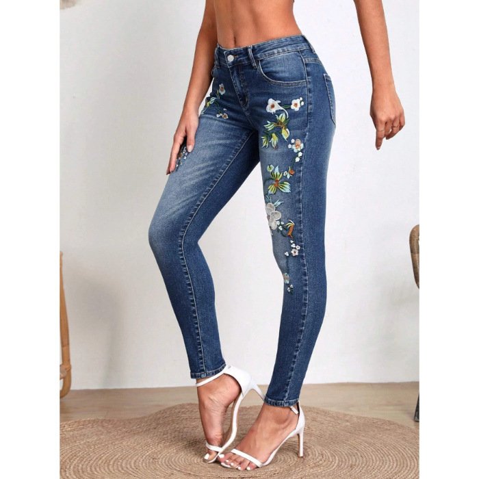 Womens Versatile Flower-Pattern Embroidered Skinny Jeans - Image 6
