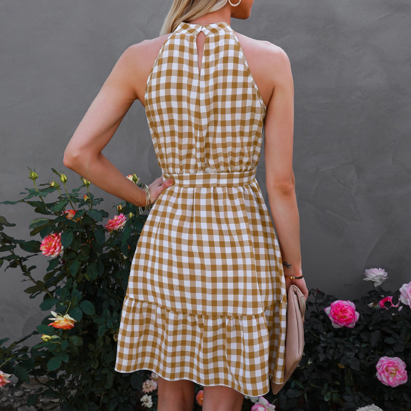 Wrap Bust Sleeveless Ruffled Plaid Midi Dress - Image 6